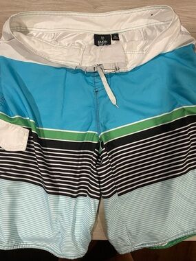 burnside Turquoise & Green Stripe Men’s Swim Board Shorts